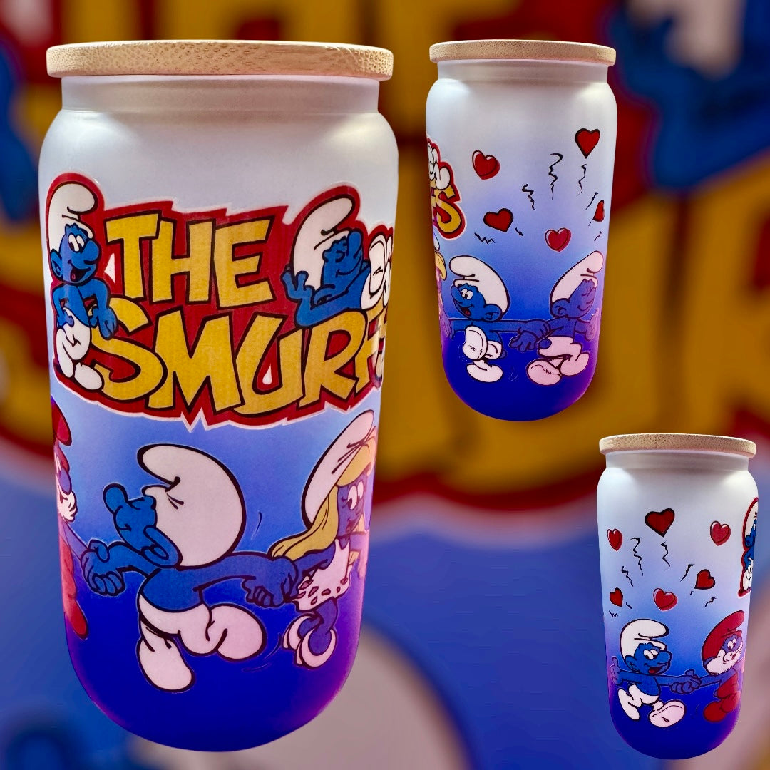 16oz Smurfs glass cup