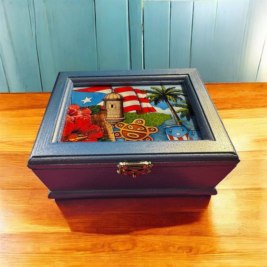 Handcrafted PR Flag/Taino design Dominoes with wooden storage box