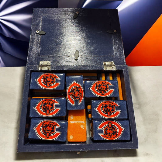 Handcrafted Chicago Bears design Dominoes with Wooden Storage Box