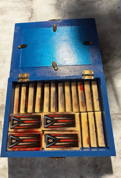 Handcrafted PR Flag design Dominoes with Wooden Storage Box