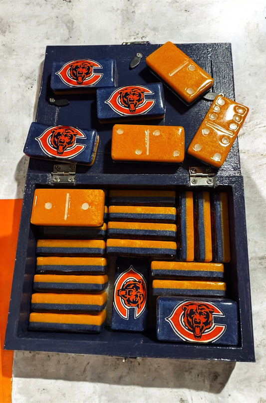Handcrafted Chicago Bears design Dominoes with Wooden Storage Box