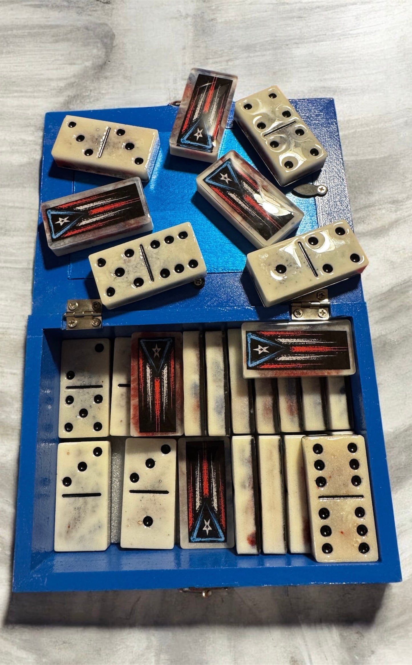 Handcrafted PR Flag design Dominoes with Wooden Storage Box