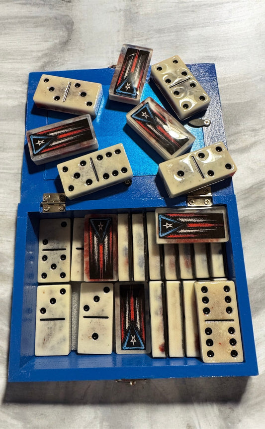 Handcrafted PR Flag design Dominoes with Wooden Storage Box