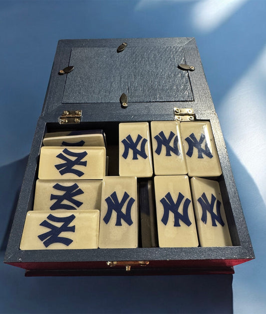 Handcrafted NY Yankees design Dominoes with Wooden Storage Box