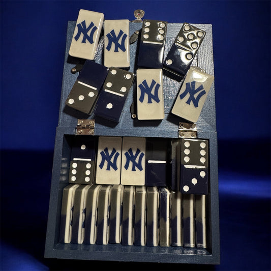 Handcrafted NY Yankees design Dominoes with Wooden Storage Box
