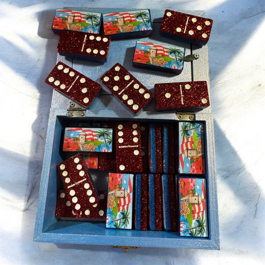 Handcrafted PR Flag/Taino design Dominoes with wooden storage box