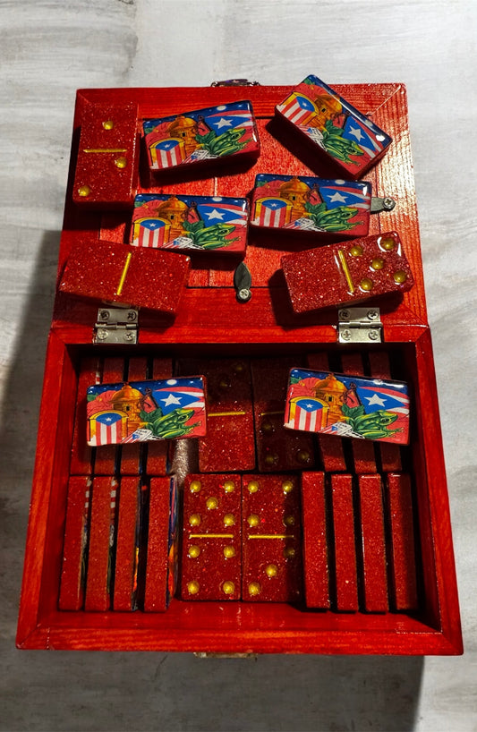 Handcrafted Puerto Rico/Coqui design Dominoes with Wooden Storage